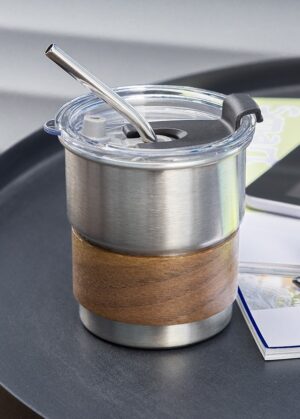 Potovalni lonček s slamico in lesenim oprijemom 260 ml